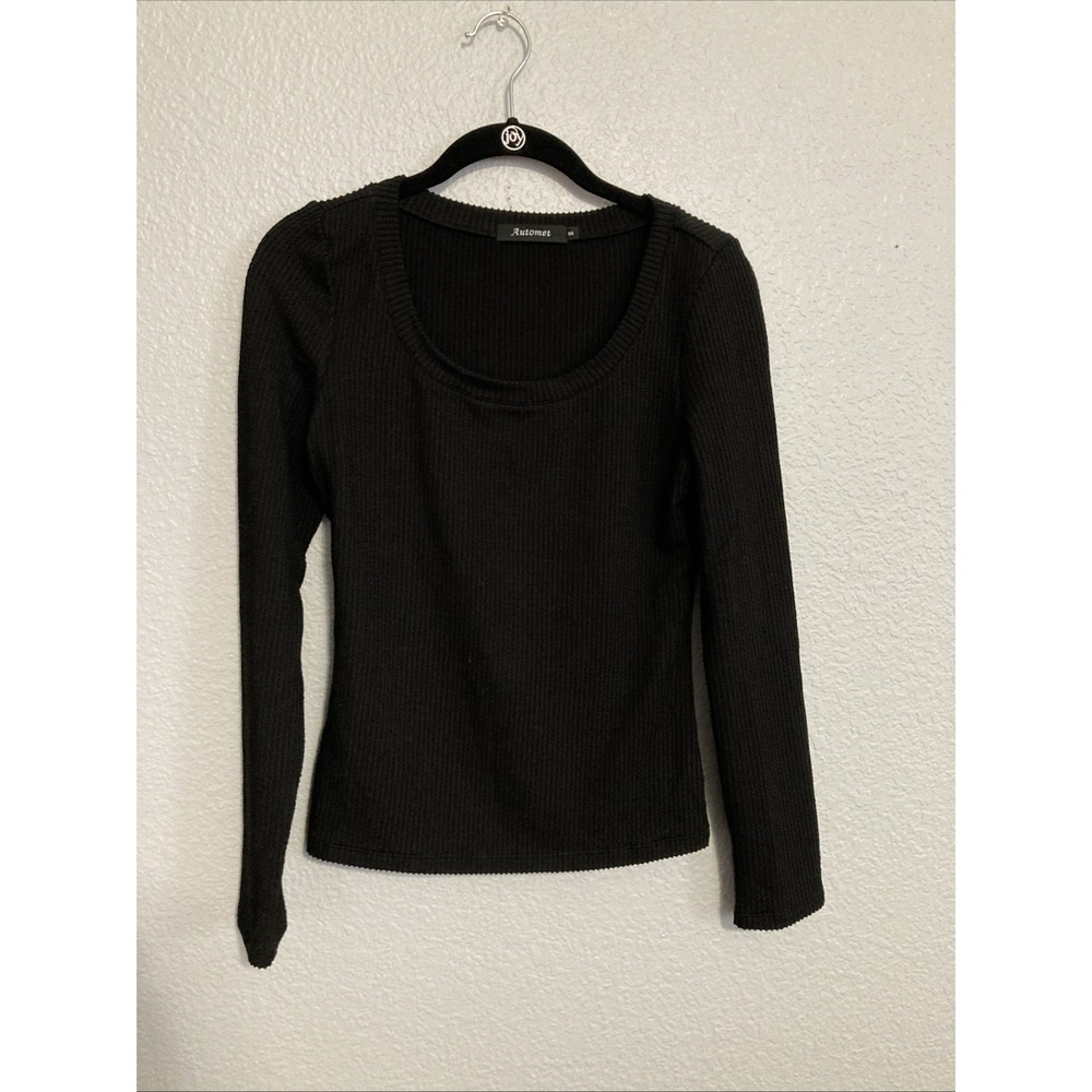 Automet Women's Black Ribbed Square Neck Long Sleeve Slim Fit Top -‎ SZ S